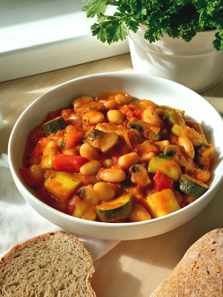 Porcja leczo z białą fasolą w misce z czerwonym sosem.