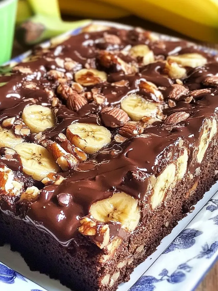 Cake z bananami i walnutami pokryte czekoladą.