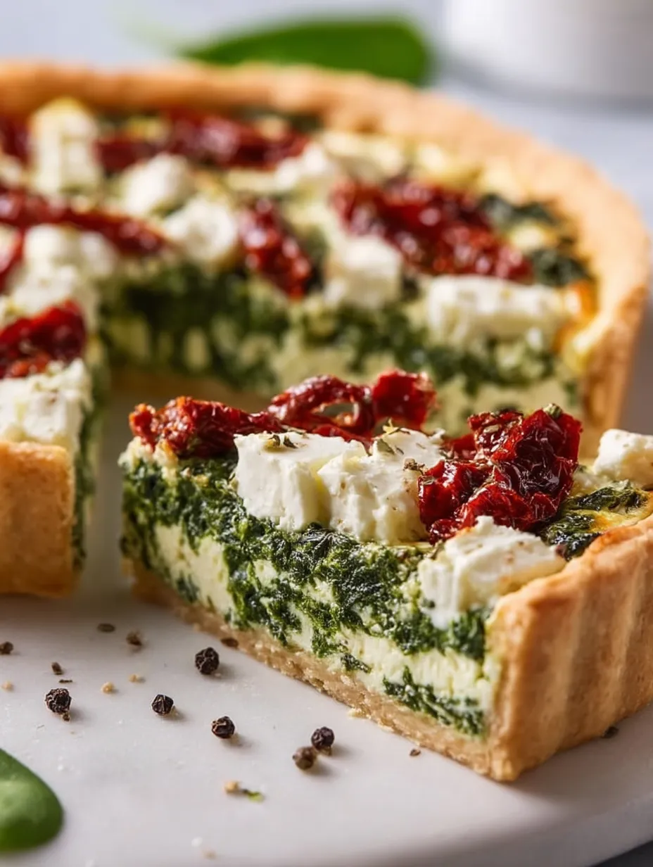 Latwy tarta ze szpinakiem, fetą i suszonymi pomidorami.