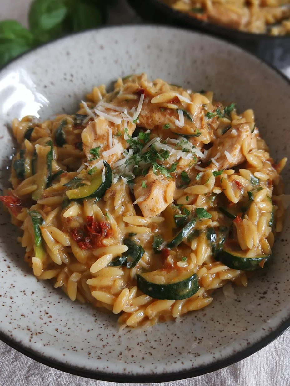 Kremowy Makaron Orzo w Sosie z Kurczakiem, Suszonymi Pomidorami.