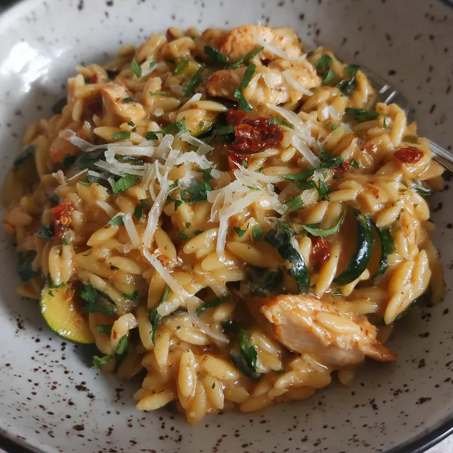 Kremowy Makaron Orzo w Sosie z Kurczakiem, Cukinią i Suszonymi Pomidorami.