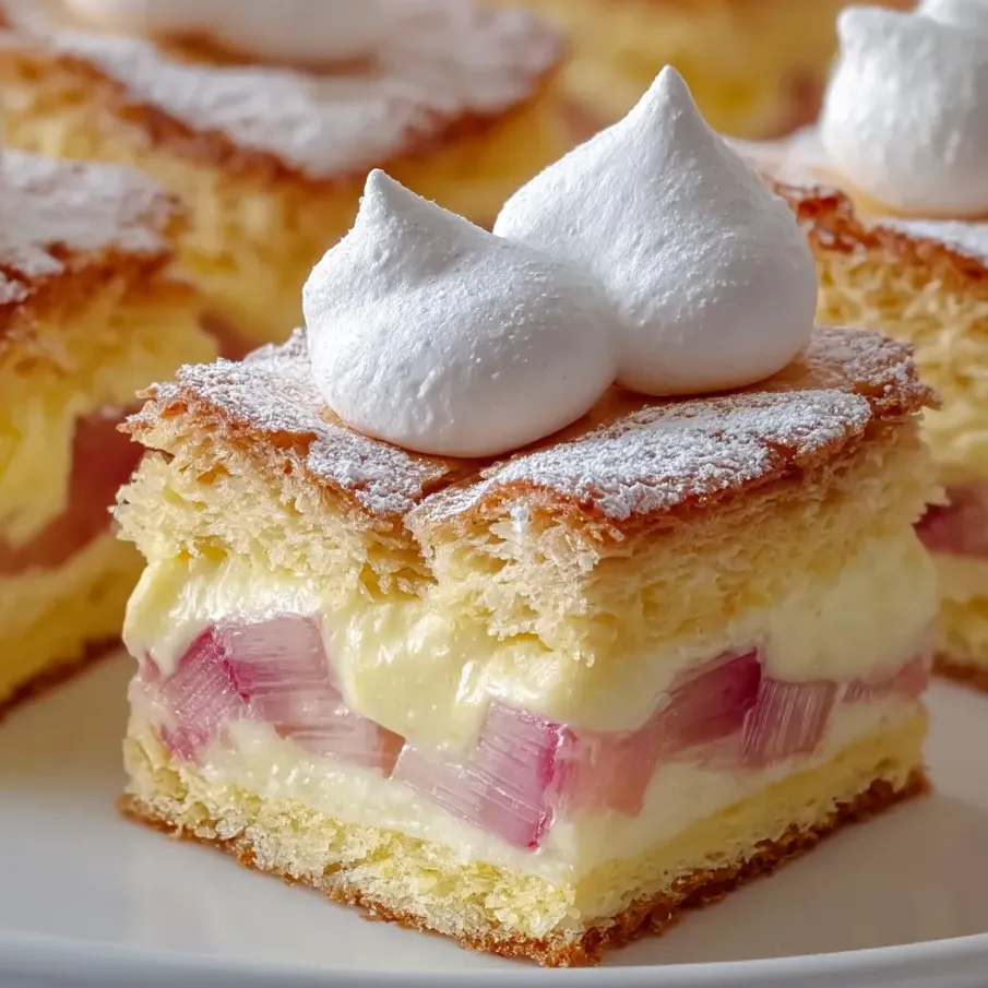 Ciasto z rabarbarem budyniem i bezą.