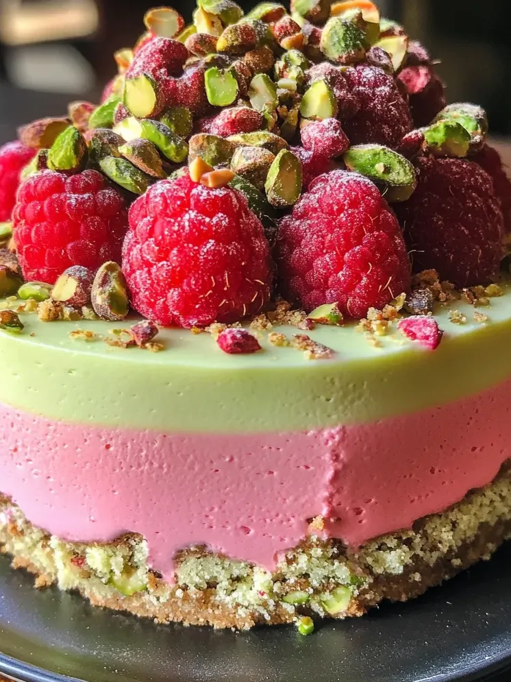 Smaczne tort pistacjowo-malinowy z musem.