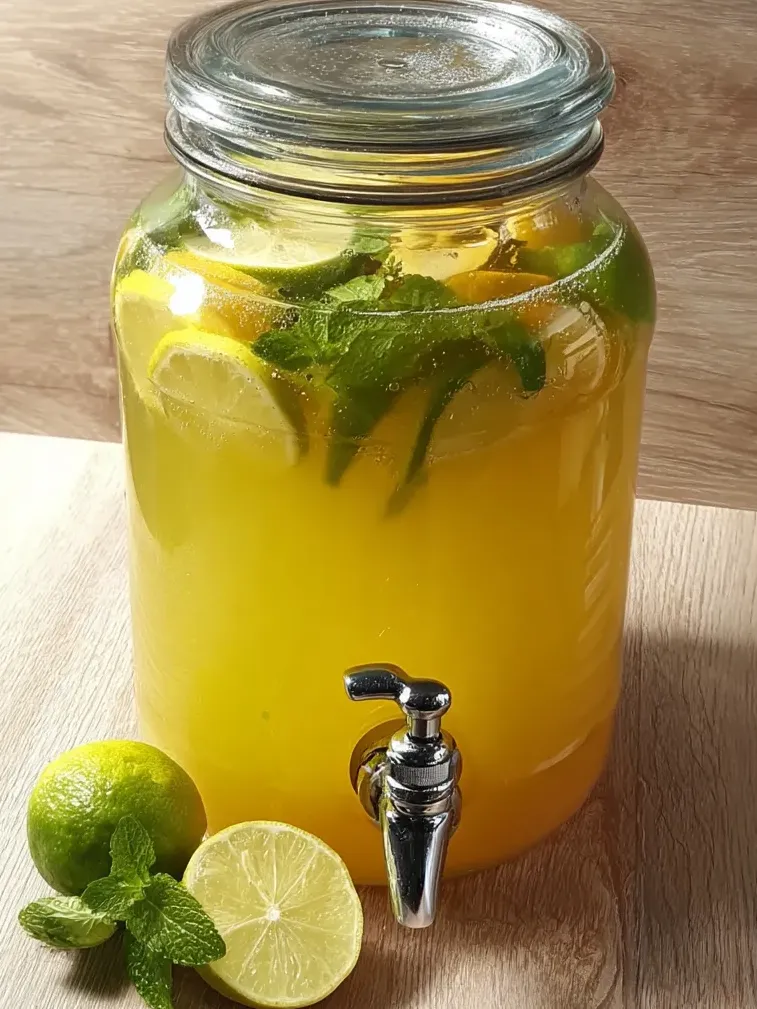 Domowa lemoniada w kryształowej szkale, zawierająca lemon, limonę, mleko i liść wierzby.