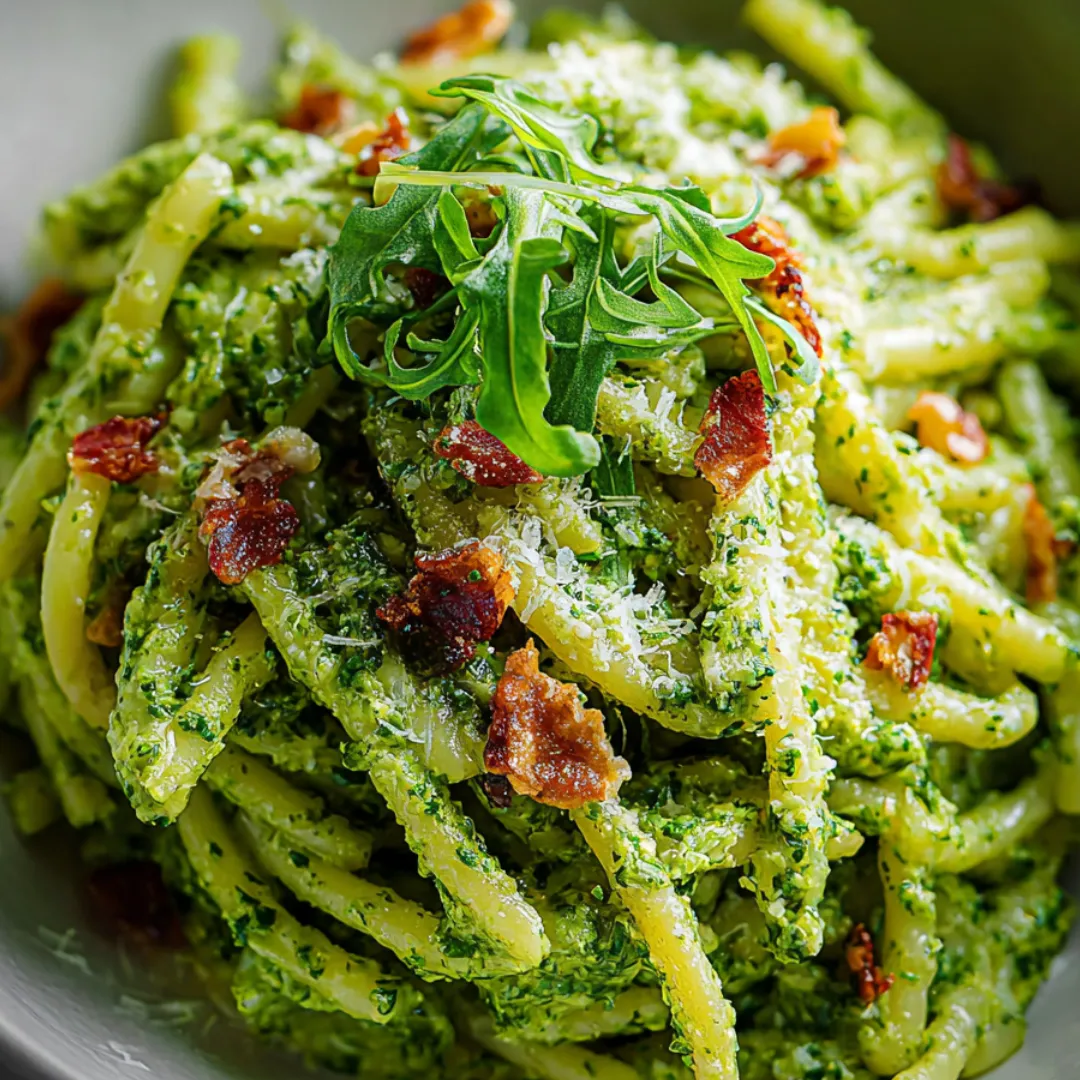 Makaron z kremowym pesto z rukoli i orzechów włoskich.
