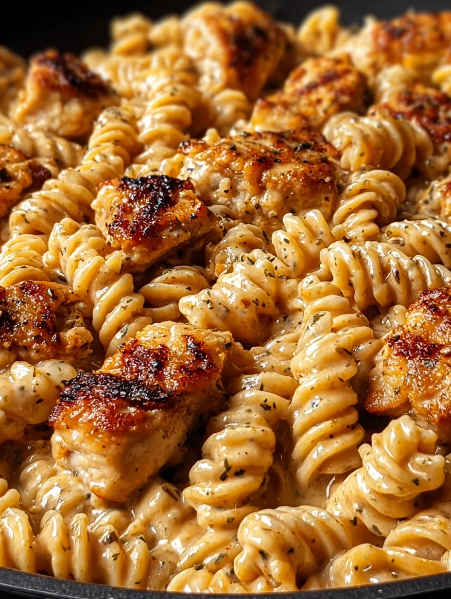 Porcja makaronu z kurczakiem i serem.