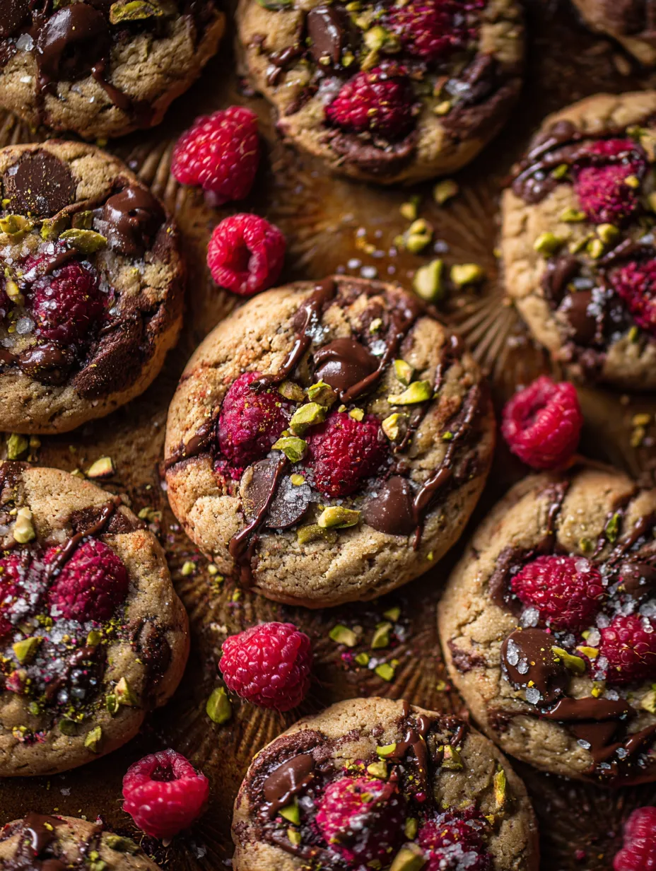 Obraz przedstawia pusty talerz z kilkoma ciasto-kremowymi, w których są dodatkowo raspberry. Ciasto są pokryte czekoladą i posiadają dodatkowo nasiona orzechów i chocolate chips.