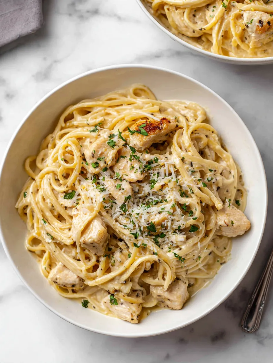 White bowl with pasta and chicken.