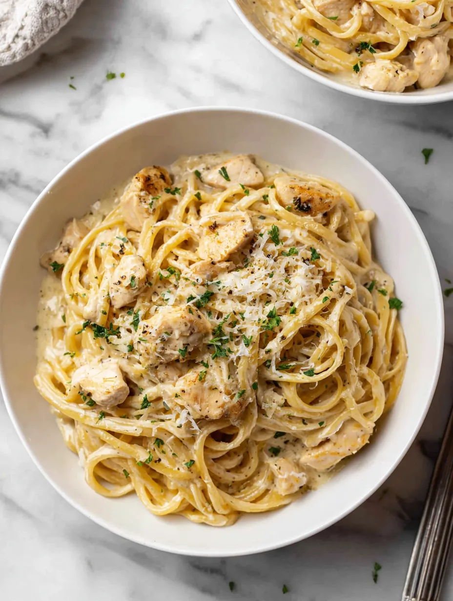 White bowl with pasta and chicken.