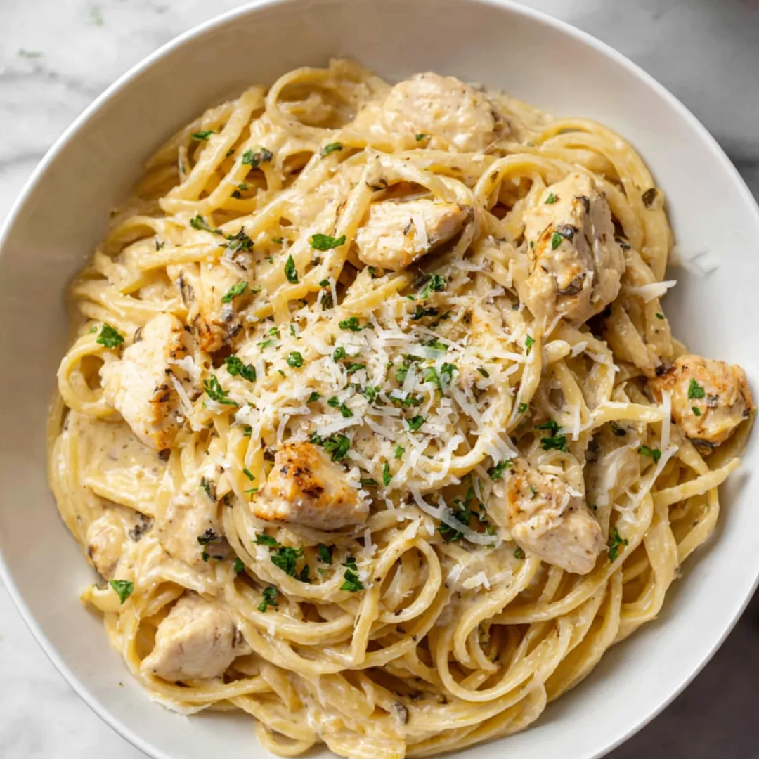 White bowl with pasta and chicken.