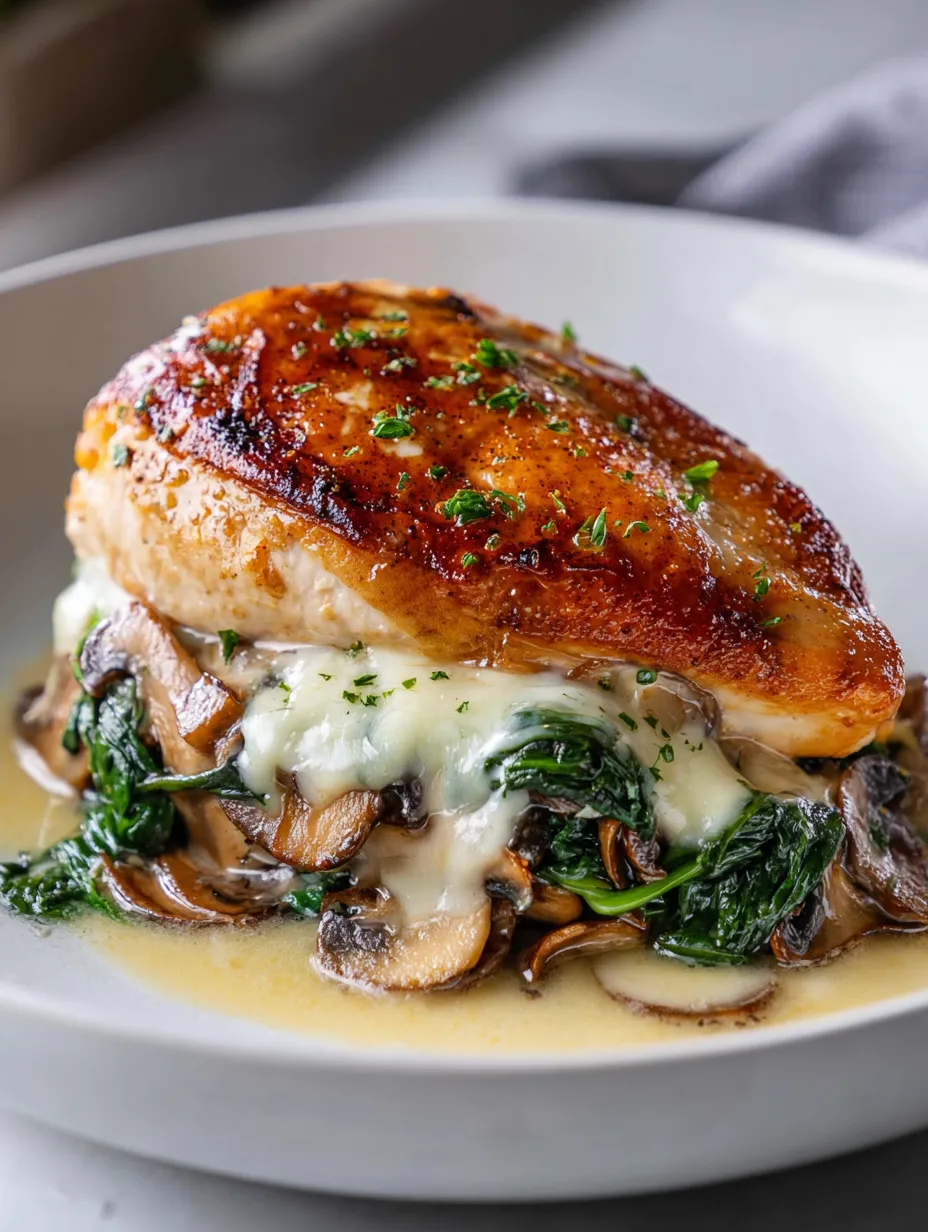 Chicken breast topped with mushrooms and cheese, served on a white plate.