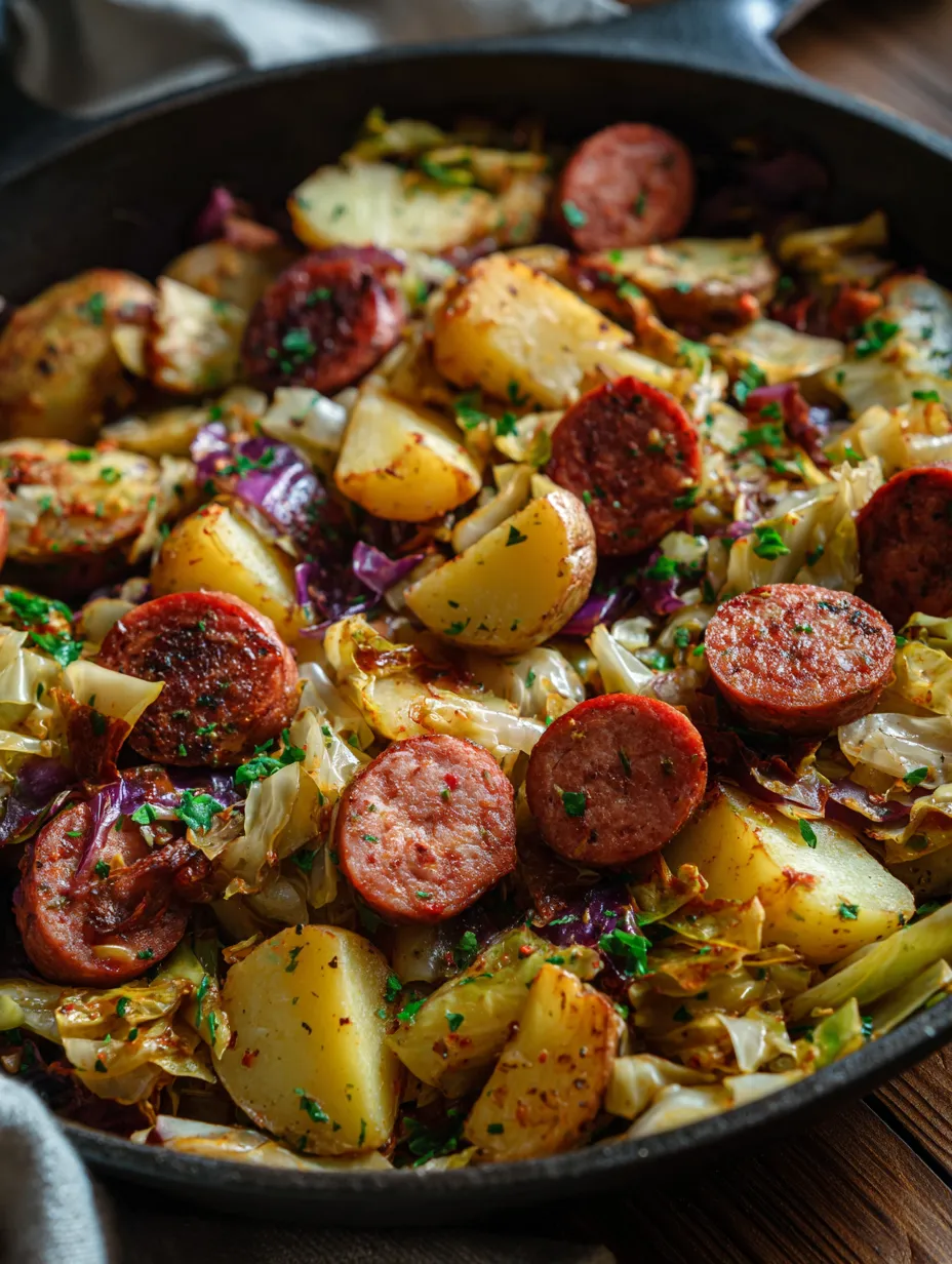 W misce sausages, potatoes, onions, and cabbage.