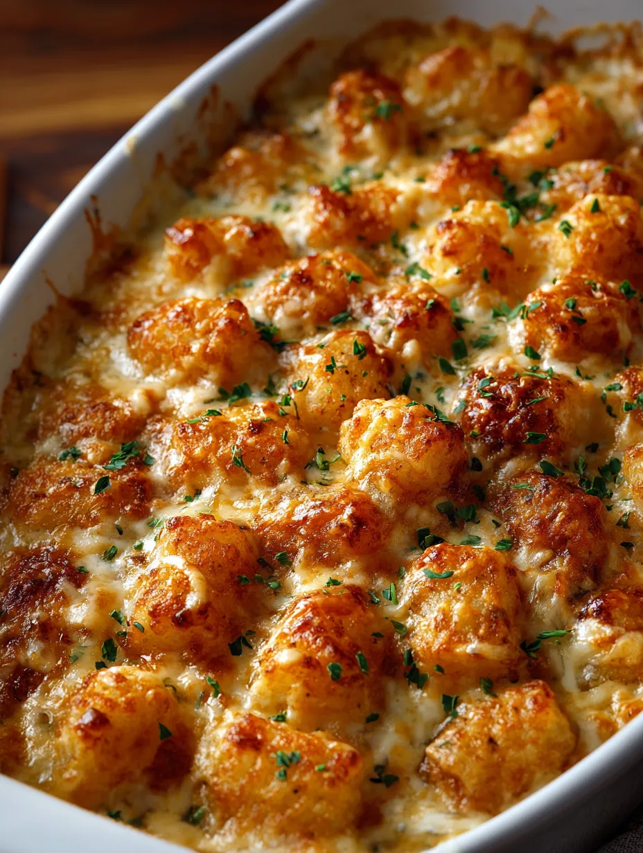 Zapiekany Kurczak Alfredo z Tater Tots.