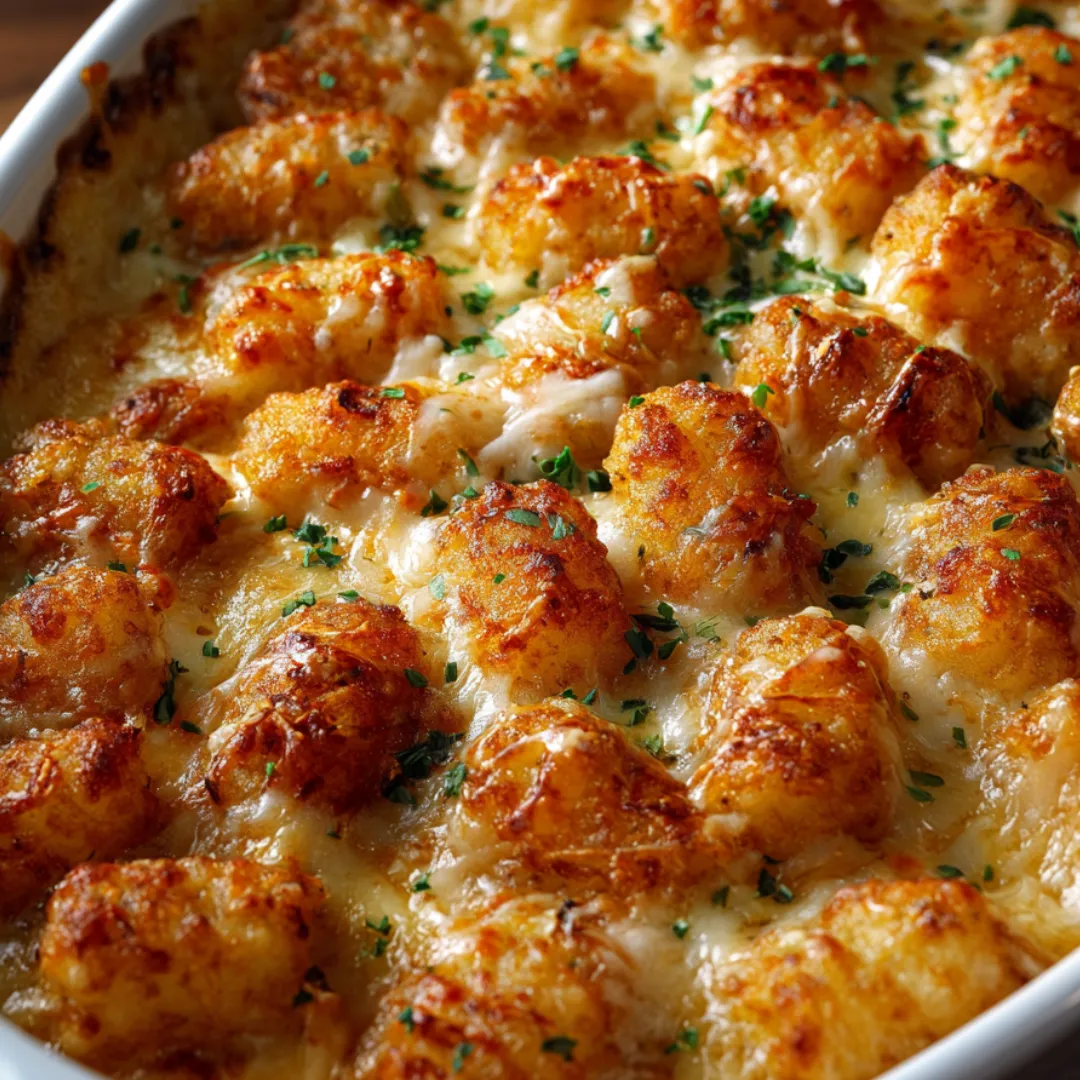 Zapiekany Kurczak Alfredo z Tater Tots.