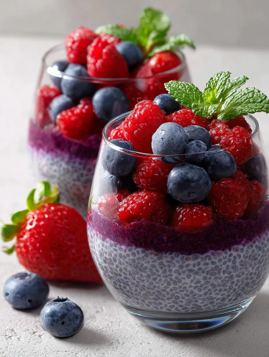 Pudding jagodowy z chia i owocami.