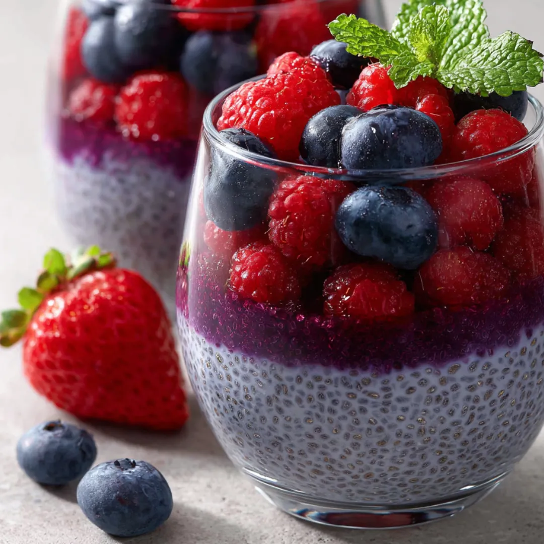 Pudding jagodowy z chia i owocami.
