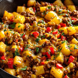 W misce zalewanej sosem z mięsem, ciepłym i słodkim, w tym z papryką, pomidorami, cukrem i pieczarkami.