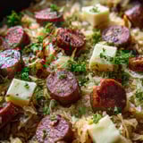 Kiełbasa z kapustą kiszoną na patelni.