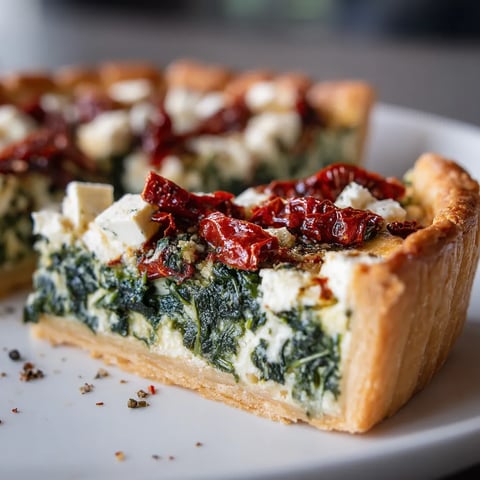 Tarta ze szpinakiem, fetą i suszonymi pomidorami.