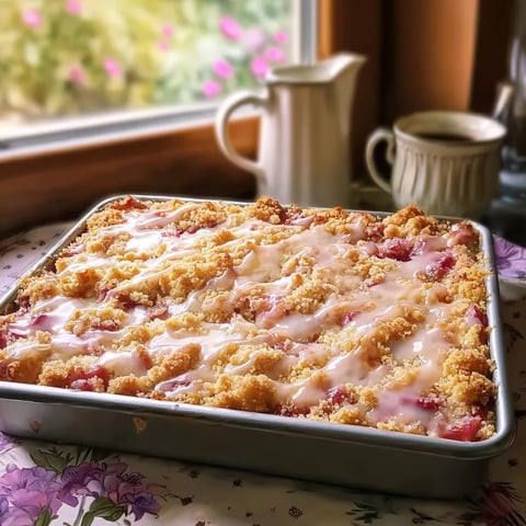 Ciasto na maślance z rabarbarem kruszonką i lukrem.